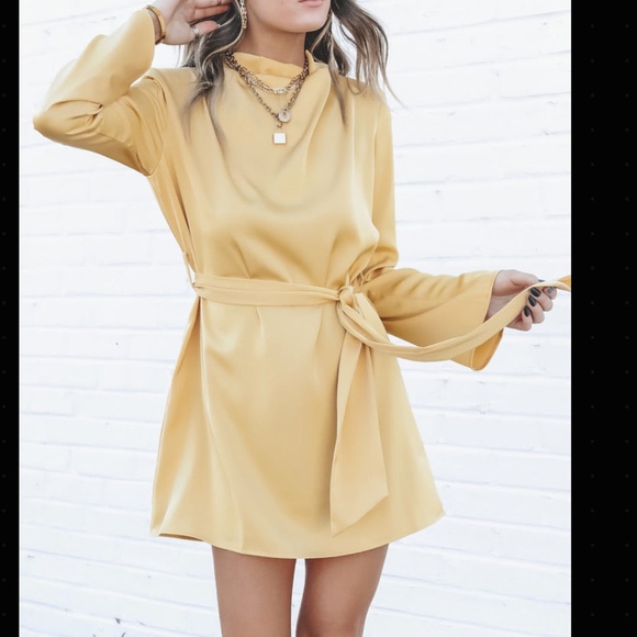 Amazing Lace Dresses & Skirts - Butter Yellow Satin Mini Dress Long Sleeve Mock Neck Party Dress S/M